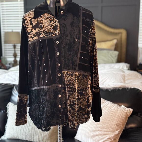 Harvé Benard Black & Gold Velvet Patchwork Blouse 1X - Picture 1 of 9